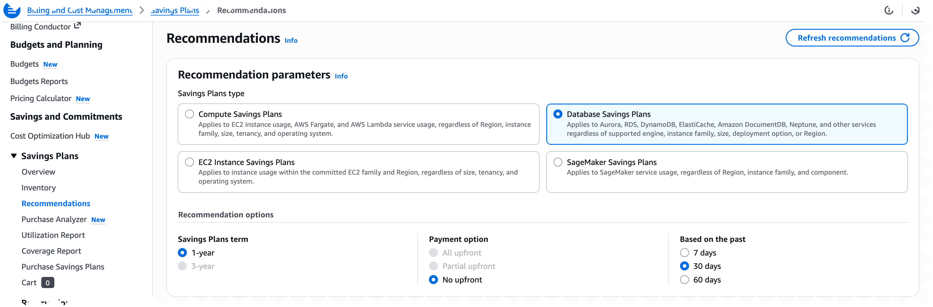 Database Savings Plans Recommendations